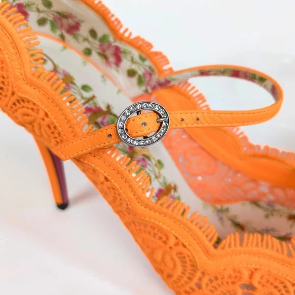 GUCCI Orange Virginia 95 mm Lace Pumps Mary Jane Pointed Toe Women's EU 37 US 7 - Picture 8 of 11